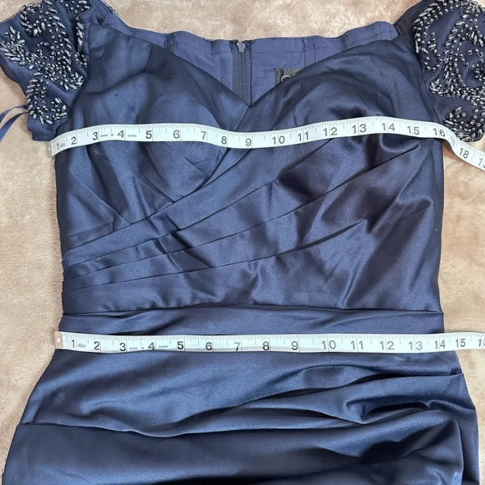 La Femme Satin Off the Shoulder Dress with Beaded Sleeves‎ - Picture 3 of 8